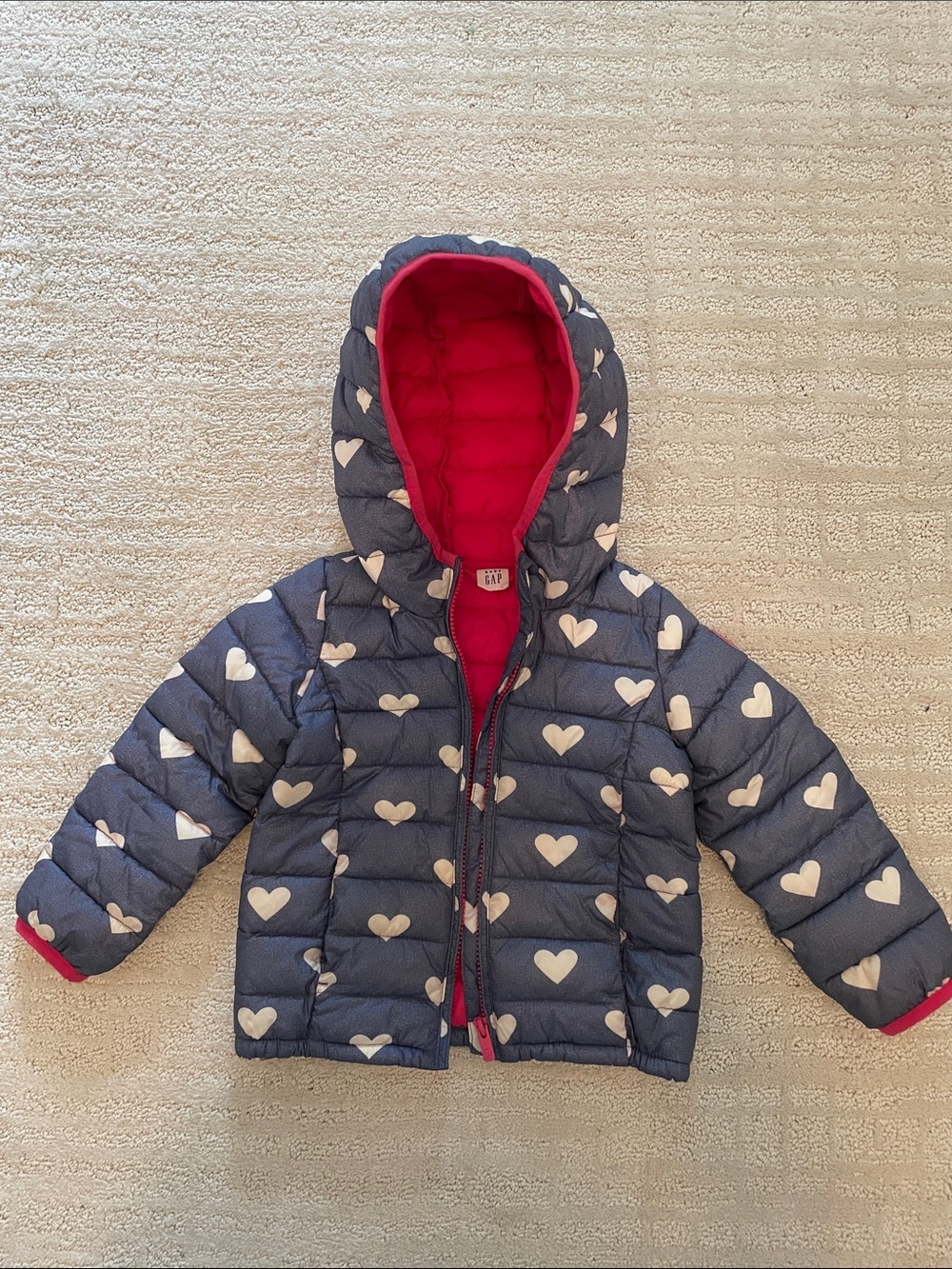 GAP Blue and White Heart Print Puffer with Bright Pink Lining